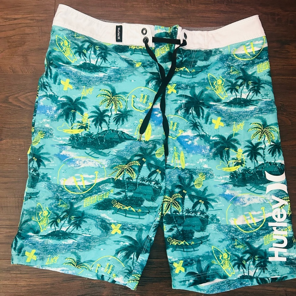 Hurley Kids Tropical Print Swim Trunks - Teal and Yellow
